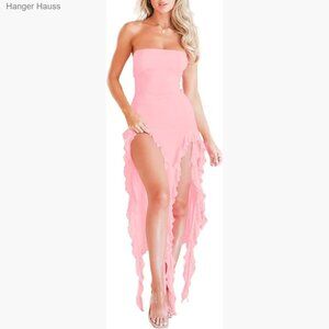 Strapless Tube Bodycon Midi Dress with Ruffle Tassel Details for Party